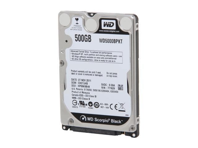 WD Scorpio Black WD5000BPKT 500GB 7200 RPM 16MB Cache SATA 3.0Gb/s 2.5″ Internal Notebook Hard Drive Bare Drive