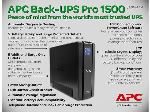APC 1500VA UPS Battery Backup & Surge Protector with AVR, Back-UPS Pro Uninterruptible Power Supply (BR1500G) - ảnh 2