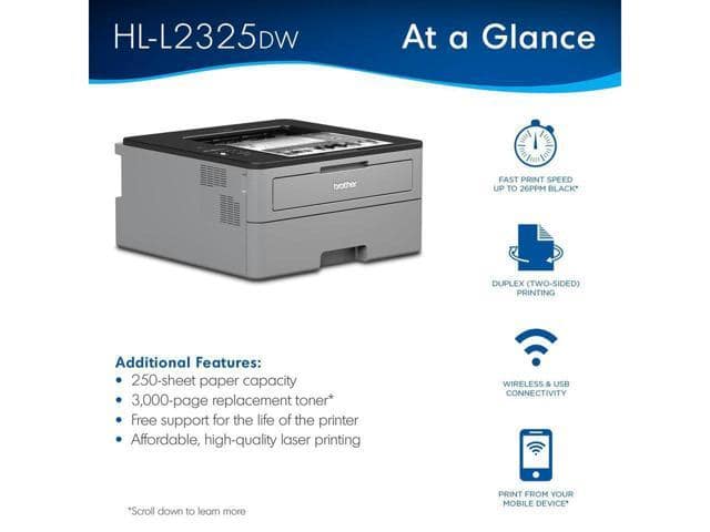 Brother HL-L2325DW Monochrome Laser Printer – Wireless Networking & Duplex Printing (2-Sided Printing), 26ppm, Mobile Printing + Mazepoly Printer Cable - ảnh 3