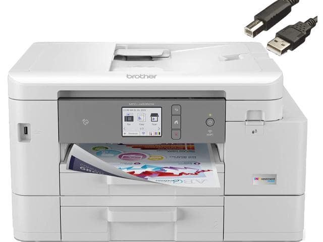 Brother MFC-J4535DW INKvestment Tank All-in-One Color Inkjet Printer with NFC, Auto 2-Sided Printing, Print Scan Copy Fax, Built-in wireless, 4800 x 1200 dpi, White – Bundle with JAWFOAL Printer Cable