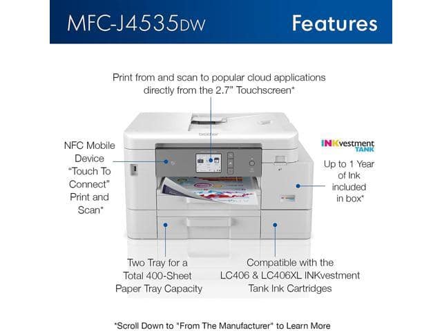 Brother MFC-J4535DW INKvestment Tank All-in-One Color Inkjet Printer with NFC, Auto 2-Sided Printing, Print Scan Copy Fax, Built-in wireless, 4800 x 1200 dpi, White – Bundle with JAWFOAL Printer Cable - ảnh 3