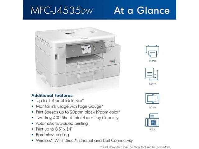 Brother MFC-J4535DW INKvestment Tank All-in-One Color Inkjet Printer with NFC, Auto 2-Sided Printing, Print Scan Copy Fax, Built-in wireless, 4800 x 1200 dpi, White – Bundle with JAWFOAL Printer Cable - ảnh 2