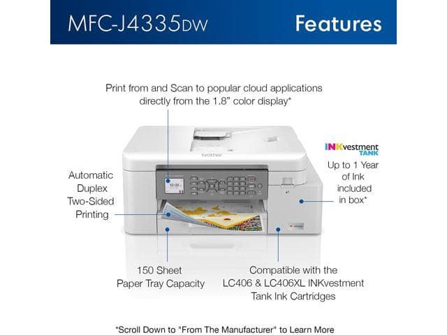 Brother MFC-J4335DW INKvestment Tank All-in-One Color Inkjet Printer, Print Scan Copy Fax, Auto 2-Sided Printing, Wireless Printing, 4800 x 1200 dpi, White – Bundle with JAWFOAL Printer Cable - ảnh 2
