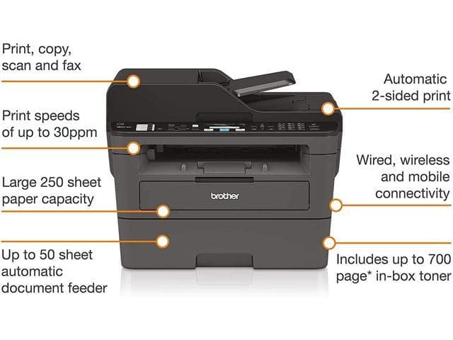 Brother MFC-L2710DW Wireless Compact Monochrome Laser All-in-One Printer, Auto 2-Sided Printing, 32ppm, 250-sheet, 2400 x 600 dpi, Works with Alexa, Black & Grey – Bundle with JAWFOAL Printer Cable - ảnh 2