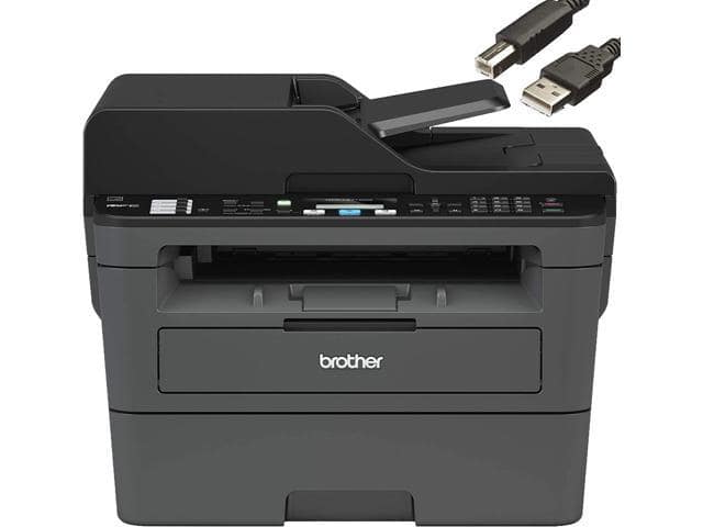 Brother MFC-L2710DW Wireless Compact Monochrome Laser All-in-One Printer, Auto 2-Sided Printing, 32ppm, 250-sheet, 2400 x 600 dpi, Works with Alexa, Black & Grey – Bundle with JAWFOAL Printer Cable