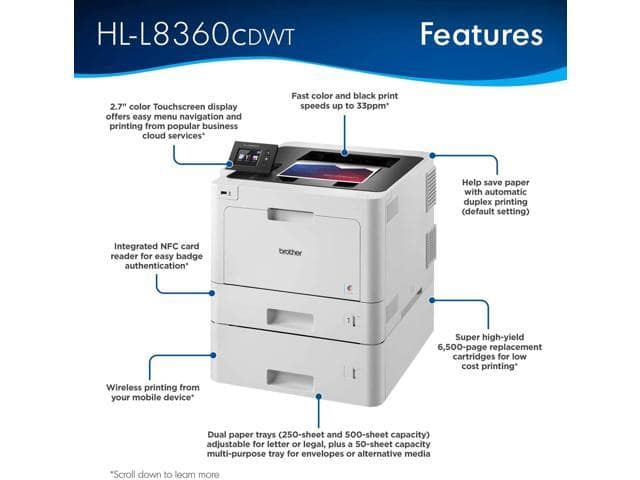 Brother Business Color Laser Printer, HL-L8360CDWT, Wireless Networking, Automatic Duplex Printing, Mobile Printing, Cloud Printing - ảnh 3