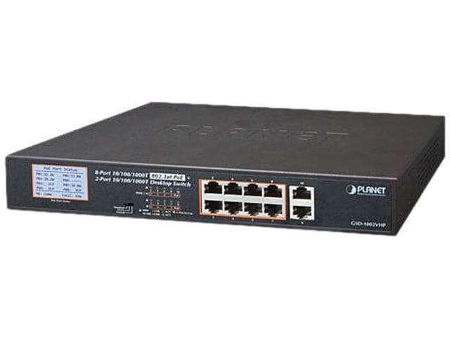 Planet GSD-1002VHP 8-Port 10/100/1000T 802.3at PoE + 2-Port 10/100/1000T Desktop Switch with LCD PoE Monitor (120 Watts)